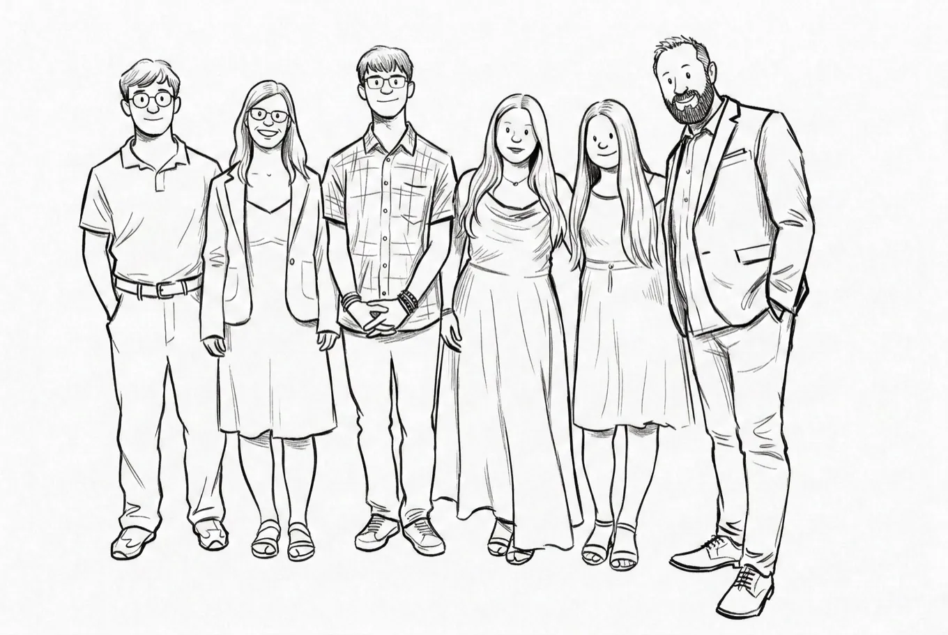 Schwarz-weisse Illustration der sechs Familienmitglieder: von links Noé, Doro, Simon, Hannah, Salome und Thorsten.